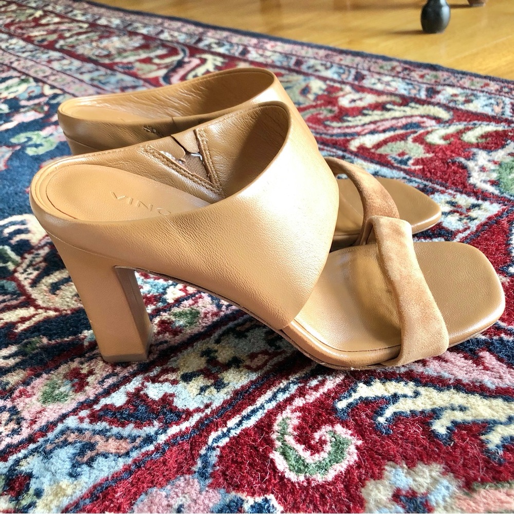 Vince Quinn Tan Leather Suede Mule Heeled Sandal - Picture 5 of 8